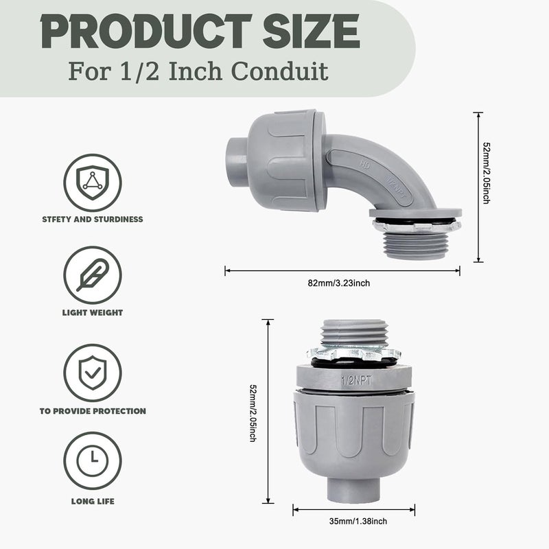 Feotech 50 Pack 1/2 Inch Liquid Tight Connectors - PVC Electrical Conduit Fittings, Straight, 90 and 180 Degree Non-Metallic Flexible Connectors for Home, Bathroom, and Kitchen, Gray - Image 2